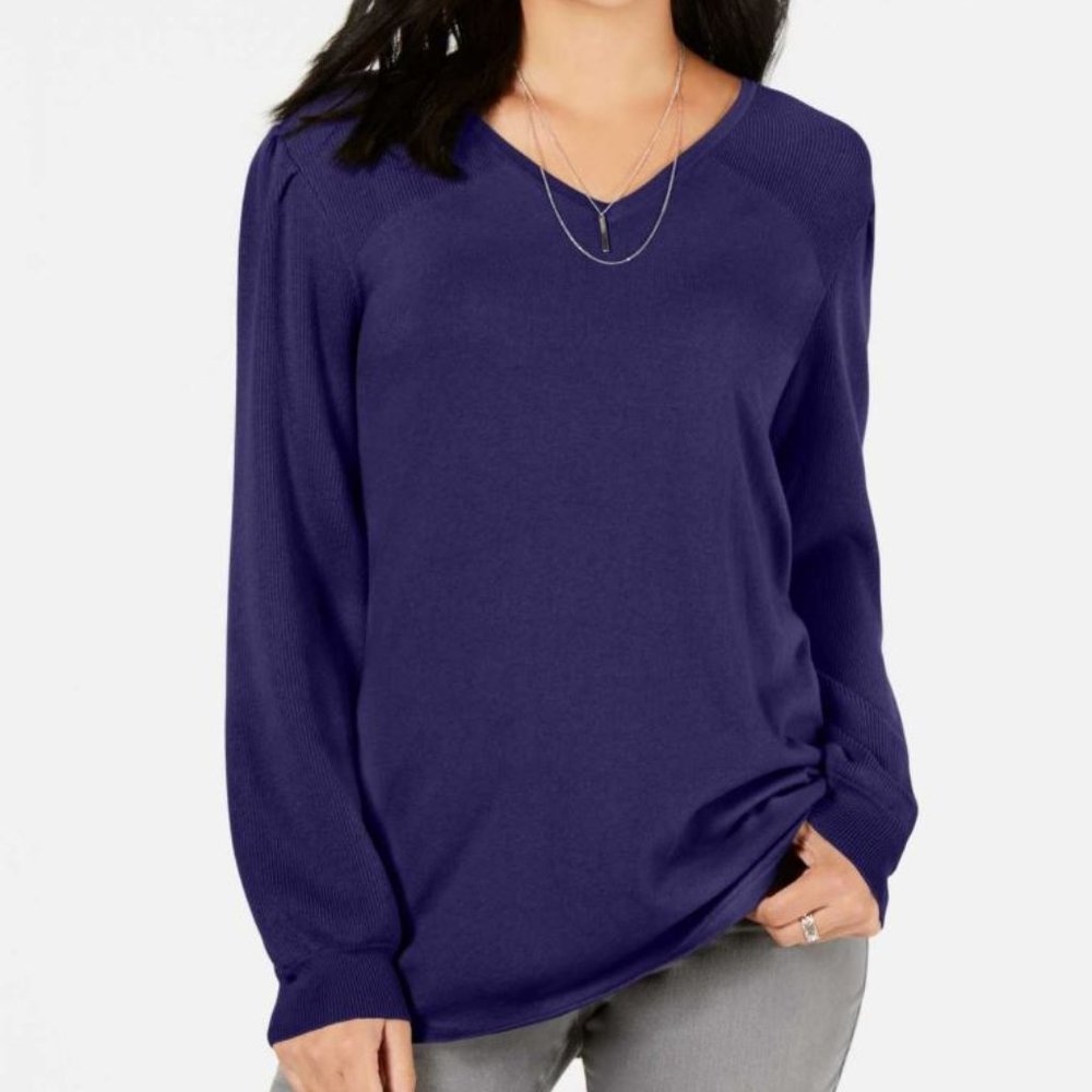 Style & Co Sweater Vneck Pleated Sleeve Tunic Purple M
